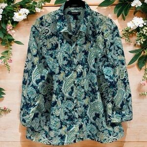 Land's End No Iron Supima Blue and Green Paisley Print Comfort Button up Size 16